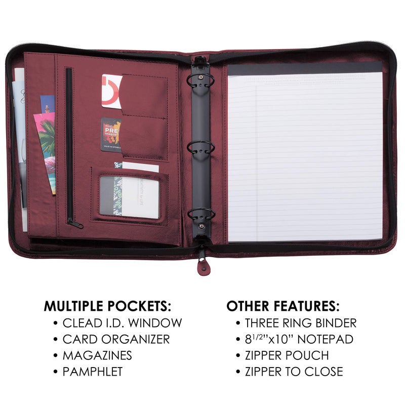 Travigo 3-Ring Zipper Business Leather Portfolio folder| 1.25" 3-Ring Binder Professional Business Folder Resume Document Organizer|Exterior Pocket | Guesseted File Pocket|8-1-2" Writing Pad(Burgundy) - Image 3